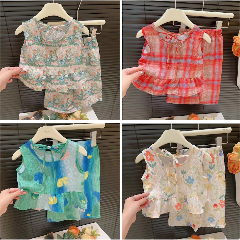 ชุดแฟชั่นเด็กผู้หญิง ชุดชายหาด สงกรานต์ เสื้อกล้าม+ขายาว สไตล์ลายสีน้ำ เนื้อผ้านุ่มใส่สบาย  ไซส์ 1-8ปี FS067