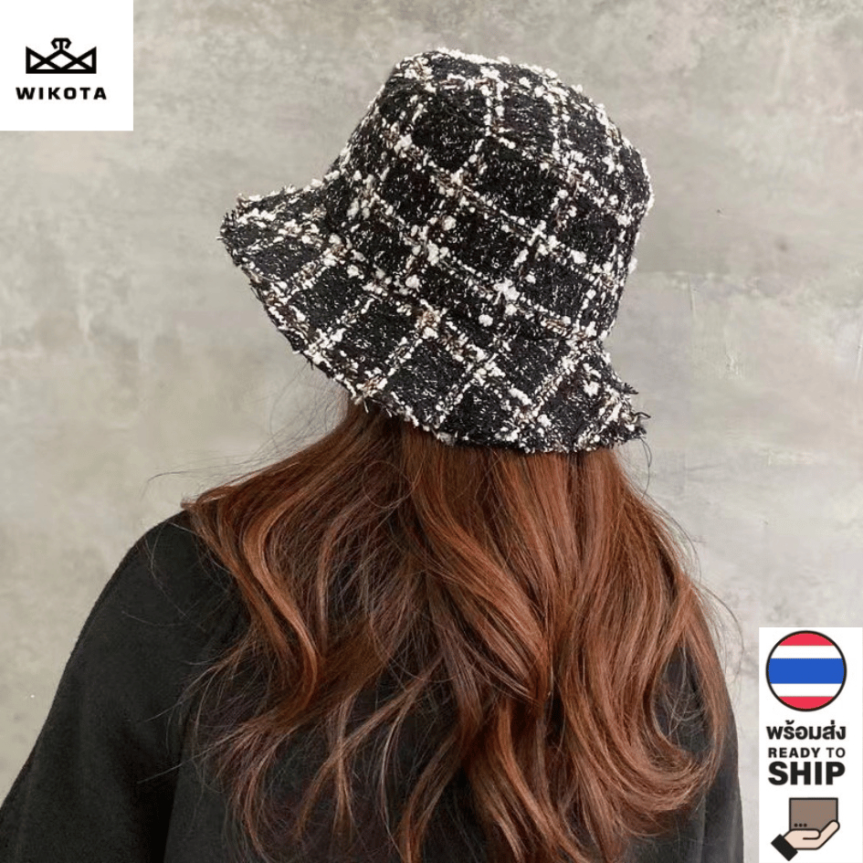 [W0146] หมวกบักเก็ต หมวกกันแดด ผ้าทวิตสีพื้น ตกแต่งกากเพชร สไตล์เกาหลี
