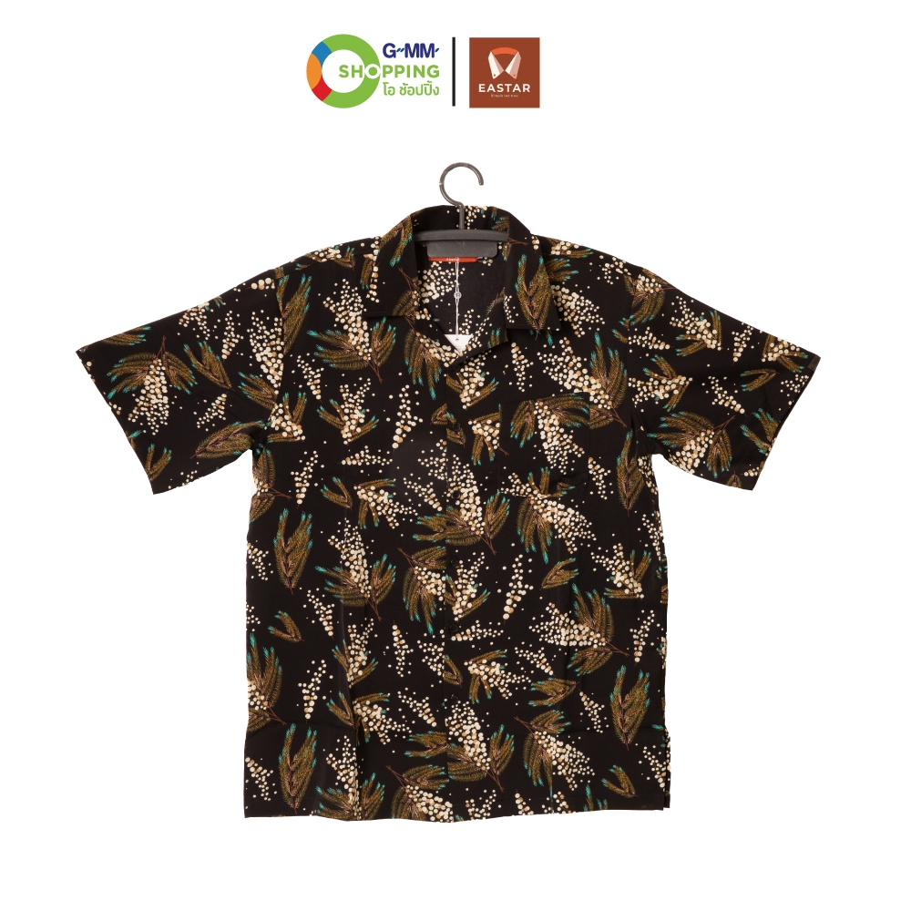 Eastar เสื้อฮาวายผ้าไหมอิตาลีลายขนนก สีดำ มี 5 ไซส์ให้เลือก (S,M,L,XL,2XL) #129330
