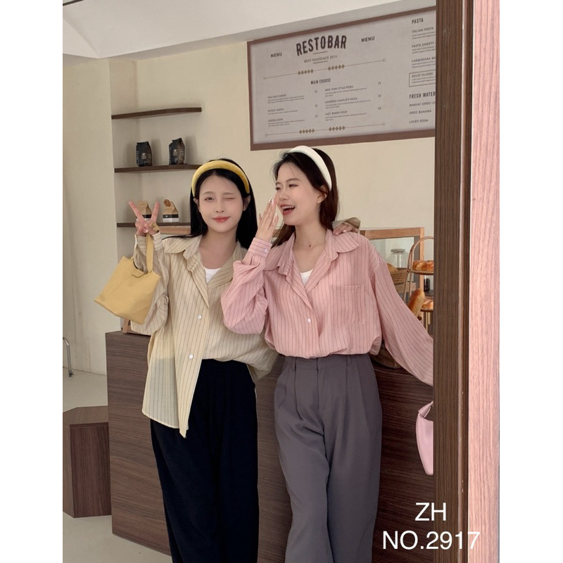 เสื้อเชิ้ตแขนยาวลายริ้วสไตล์เเกาหลี เนื้อผ้าอย่างดี  ใส่สบายผิว ทรงOver size🆕ZH.2917