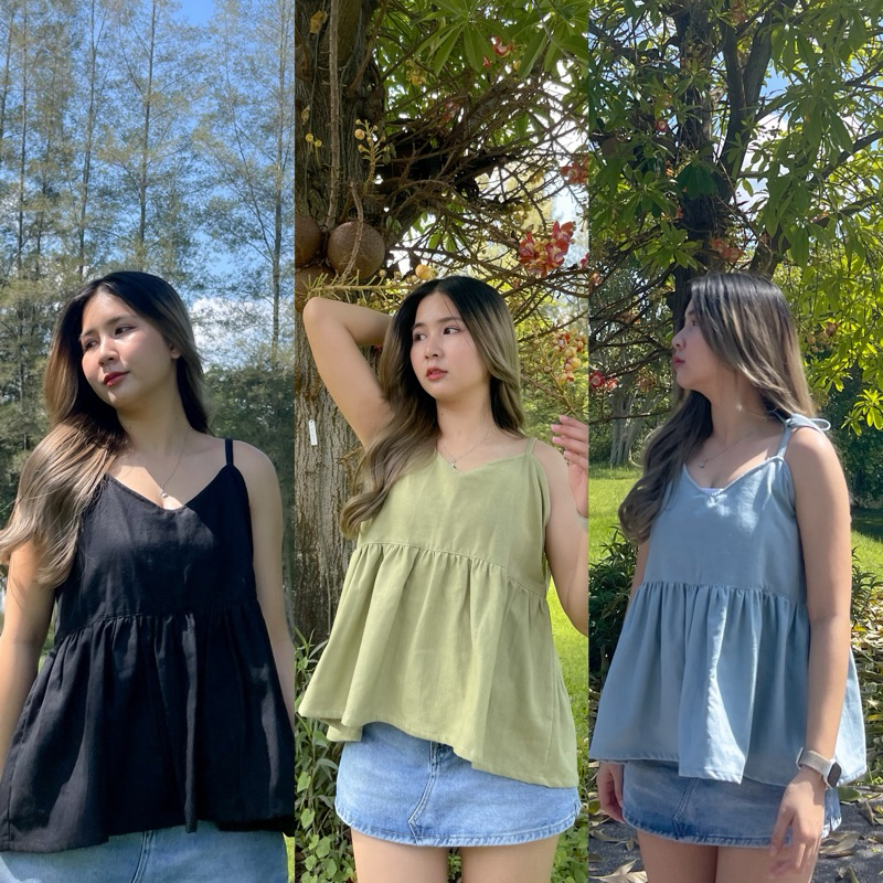 Alice🦢 มี 2 size เสื้อสายเดี่ยวคอวีผูกโบว์ไหล่ชายแต่งระบายผ้าฝ้าย