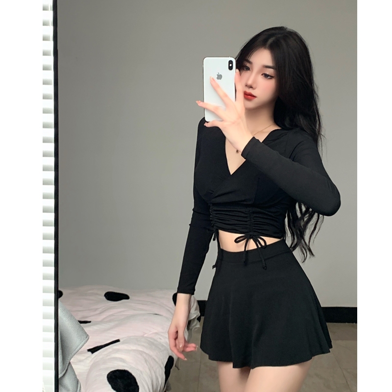 ชุดว่ายน้ําบิกินี่ แขนยาว ป้องกันแดด สามชิ้น สไตล์เกาหลี เซ็กซี่ แฟชั่นชายหาด สําหรับผู้หญิง 2404