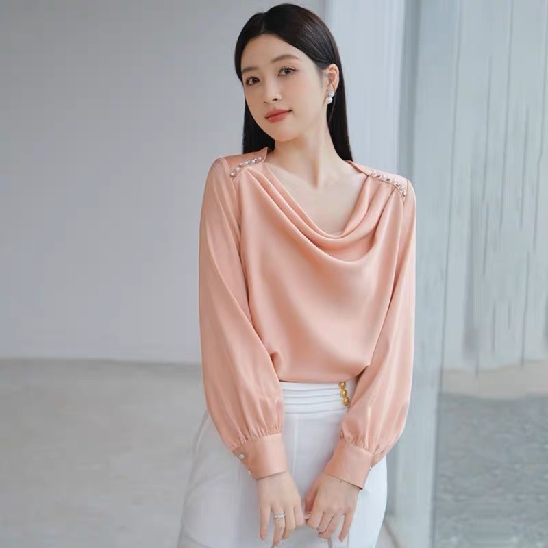 เสื้อทำงานแขนยาว เสื้อคอถ่วงผ้าเกาหลี เสื้อสำหรับสาวออฟฟิศ มี10สี