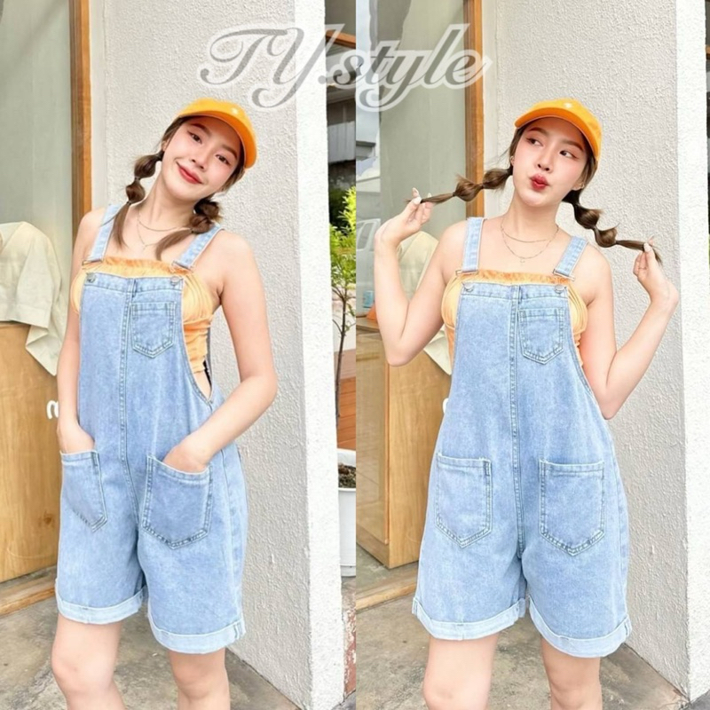 เอี๊ยมยีนส์ขาสั้น แต่งปลายขาพับ กระเป๋าหน้าหลัง #BoJ