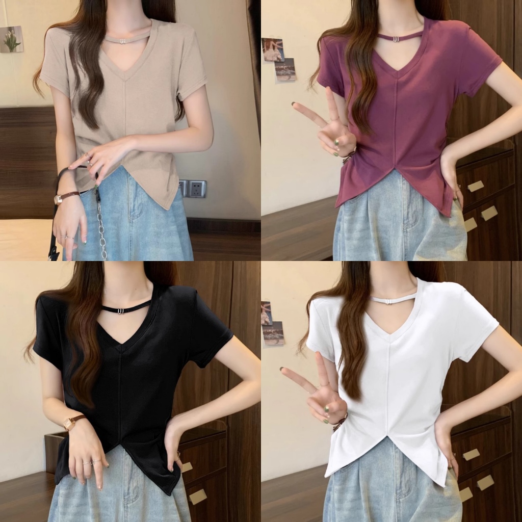 GHAOHES ความรู้สึกการออกแบบเฉพาะกลุ่มคอ V แขวนคอแขนสั้นเสื้อยืดผู้หญิงจีบแยกและปิดเอวแสดงผอมด้านบนผิดปกติ (1017)