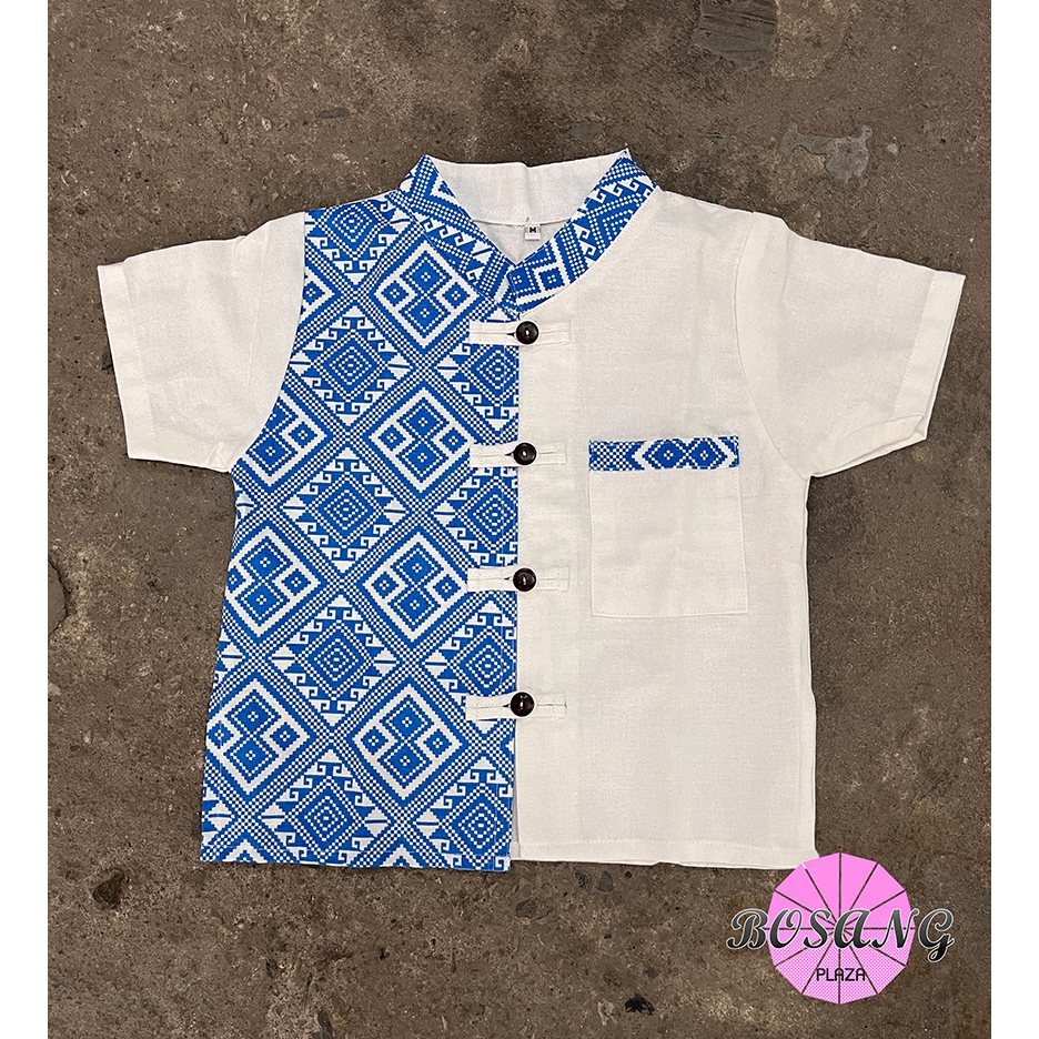 เสื้อเด็กชาย ทูโทน ผ้าฝ้ายไสตล์ล้านนา พิมพ์ลายขิต สีฟ้า (เฉพาะเสื้อ)