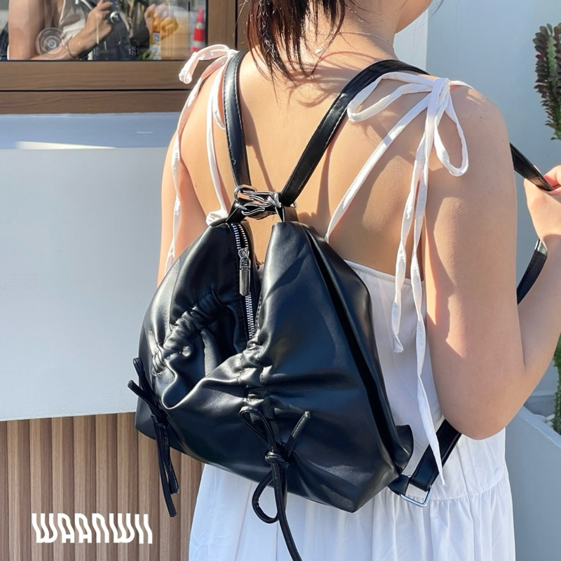 🎀Bowies  Bags🎀 กระเป๋าหนัง PU ใบใหญ่ จุของได้เยอะสะพายได้หลายแบบมีโบว์รูดตกแต่ง