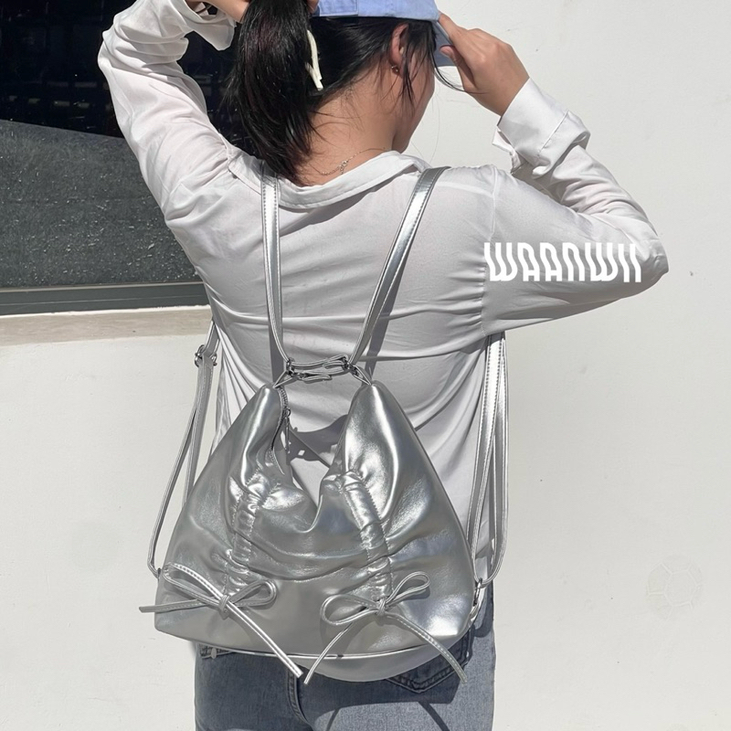 🎀Bowies  Bags🎀 กระเป๋าหนัง PU ใบใหญ่ จุของได้เยอะสะพายได้หลายแบบมีโบว์รูดตกแต่ง