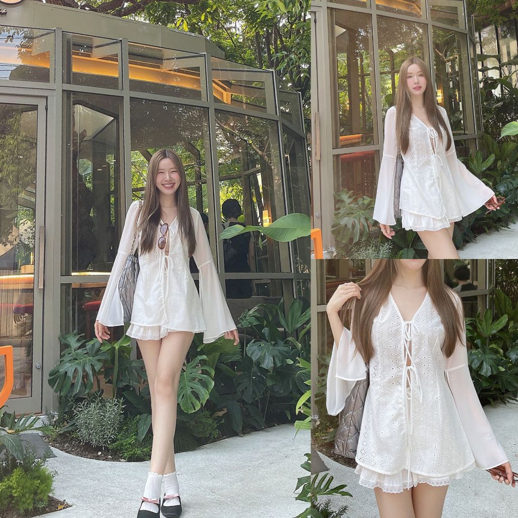 SLYQ MADE FREESIA TIE FRONT LACE BLOUSE เสื้อลูกไม้สีขาวแขนชีฟองซีทรูระบายผูกโบว์หน้า งานตัด