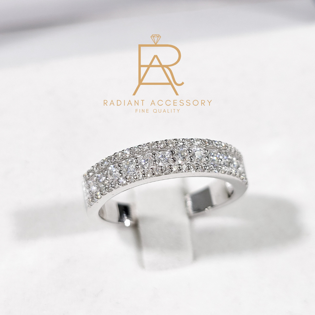 แหวนเงินแท้ แหวนแถว 3 ชั้น ฝังเพชร Moissanite ชุบทองคำขาว ดีไซน์หรูหรา