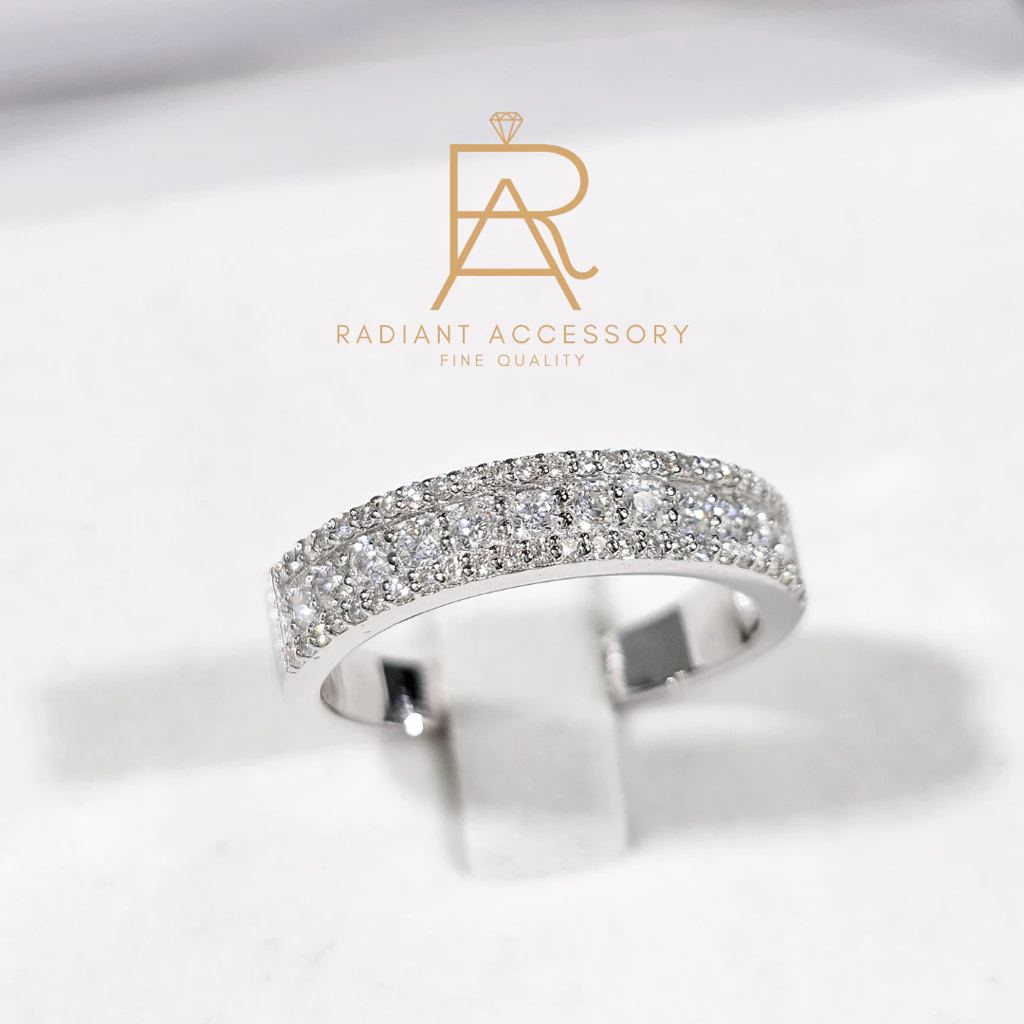แหวนเงินแท้ แหวนแถว 3 ชั้น ฝังเพชร Moissanite ชุบทองคำขาว ดีไซน์หรูหรา