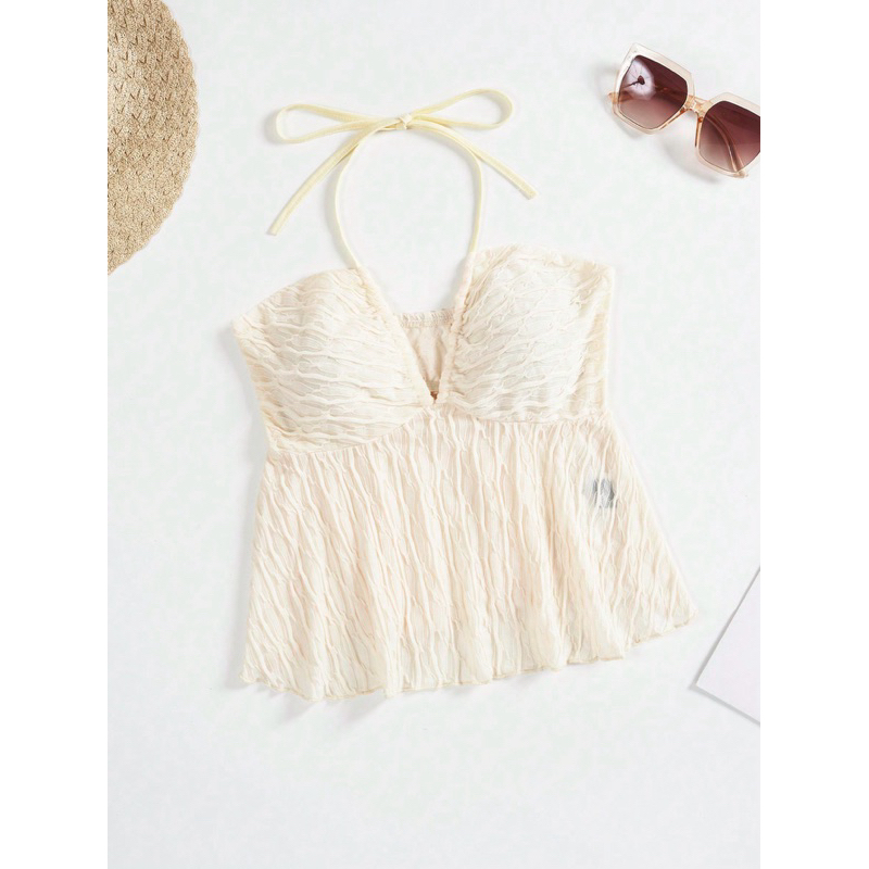 SHEIN WYWH เสื้อท็อปคล้องคอ สีพื้น ผูกเปลือยหลัง ลูกตุ้มใบบัว