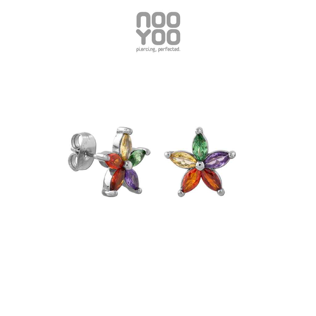 NooYoo ต่างหูสำหรับผิวแพ้ง่าย COLORFUL Petal Flower with Crystal Surgical Steel