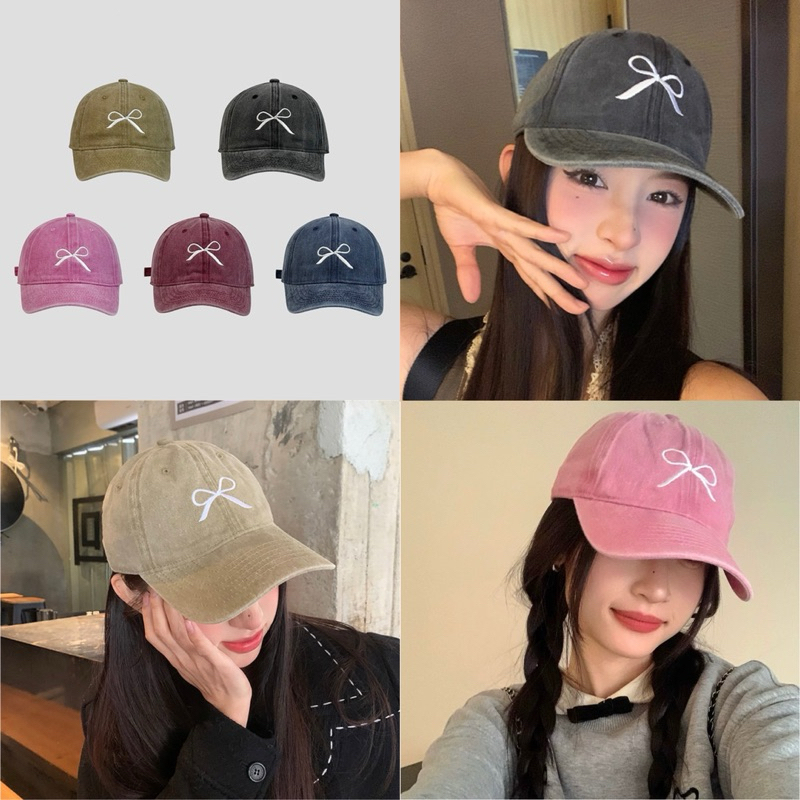 (AQ) หมวกแก๊ปกันแดด ผ้าฟอก cap ปักรูปโบว์