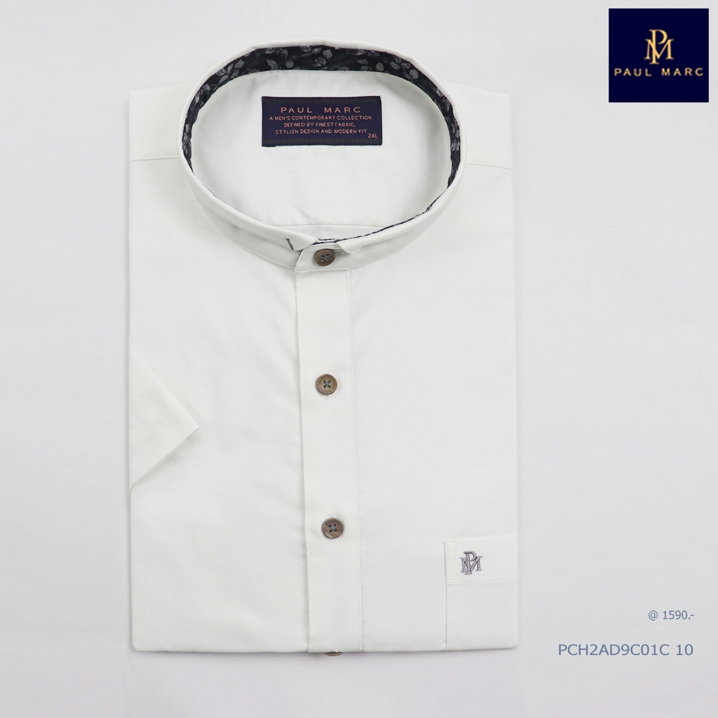 PAUL MARC เสื้อเชิ้ตสีขาวคอจีนแขนสั้น สไตล์มินิมอล ผ้าoxford slim fit กระดุมลายไม้ PCH2AD9C01C10