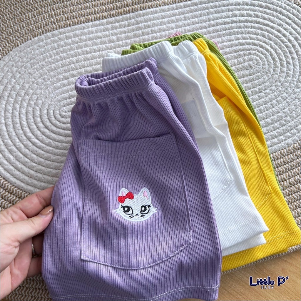 Littlep(B32)-กางเกงขาสั้นปักลาย สีพื้น มีกระเป๋า ผ้าร่อง ไซส์ S-XL ใส่ได้ทั้งเด็กผู้หญิงและเด็กผู้ชาย