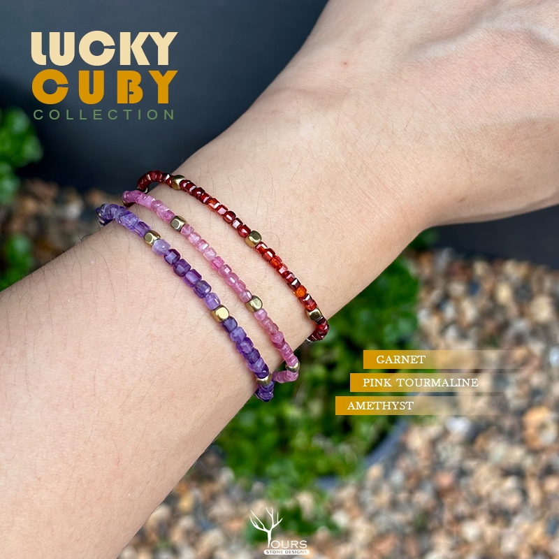 สร้อยข้อมือหิน " โกเมน " อเมทิสต์ " ทัวร์มาลีน สีชมพู " แท้ 100% ทรงลูกบาศก์  ขนาด 2-3mm กำไลหินนำโชค หินมงคล