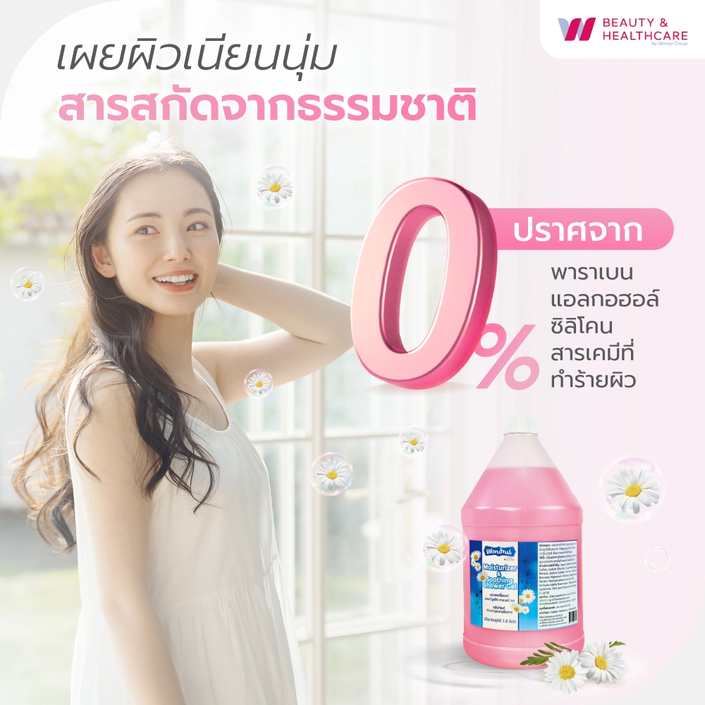 [สั่ง3ชิ้น ราคาส่ง] WONDRUS Moisturizer & Soothing Shower Gel สบู่เหลวอาบน้ำ ดอกคาร์โมมายด์ ไม่ทำให้ผิวแห้งตึง 3.8ลิตร - รูปที่ 4