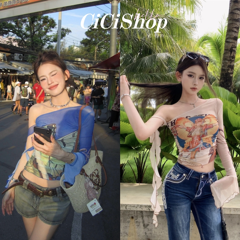Cicishop(Y6123)เสื้อแขนยาวปาดไหล่ผ้าซีทรู พิมพ์ลาย ดีเทลย่นข้าง สไตล์ Y2K