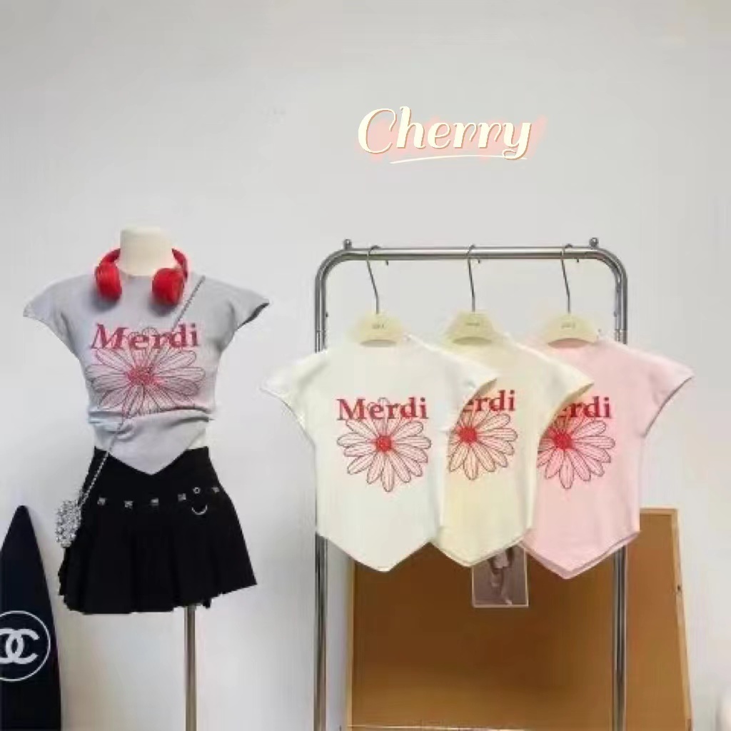 Cherry✨พร้อมส่ง✨เสื้อยืดถักลายดอกเดซี่แขนกุดสีทึบ สำหรับผู้หญิง