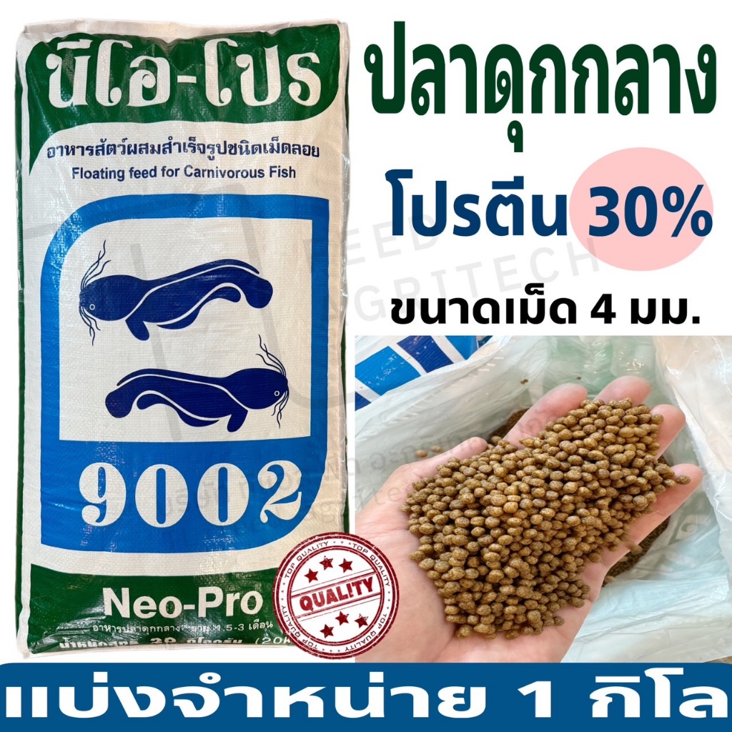 (1 kg) อาหารปลา นีโอโปร ‼️สูตรเร่งโต🐟 อาหารปลาดุก นีโอโปร (เม็ดกลาง)  สูตรเร่งโต โปรตีน 30% ( 1 กิโล )