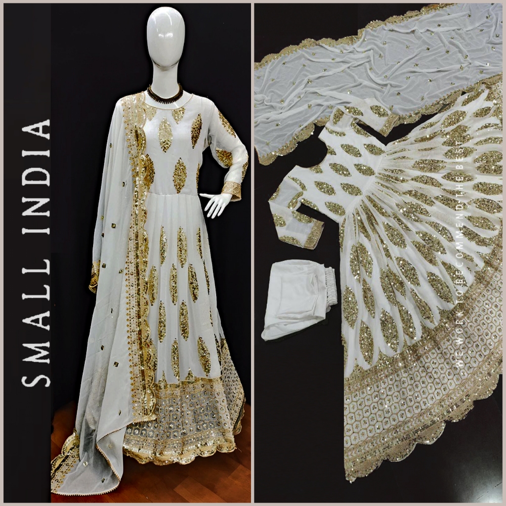 {**ส่งฟรี**} SMALL INDIA 🌺 Georgette Embroidered ชุดเซ็ทเสื้อกางเกง 🌺 Women Anarkali Dress