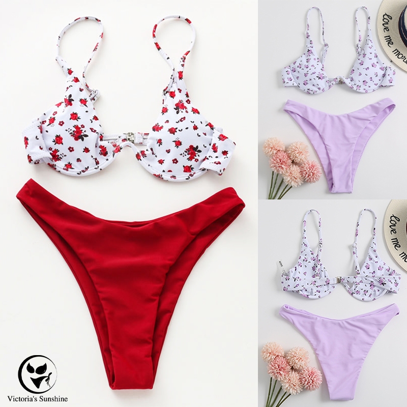 🇹🇭พร้อมส่งในไทย🇹🇭ชุดว่ายน้ำ bikini ดอกไม้ ลาย บิกินี่ดันทรง มีโครง เซต 2 ชิ้น ผูกหลัง ชายหาด#0268