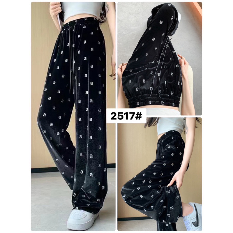 Mymomcan 2517 กางเกงขายาว ผ้ากำมะหยี่ อัดเพชร อักษร a ฟรีไซส์ เอวได้ถึง 34 สะโพกได้ถึง 42 ทรงสวยมาก