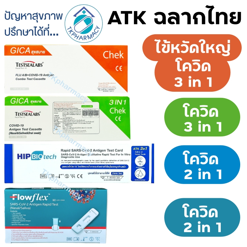 ชุดตรวจโควิด ชุดตรวจไข้หวัดใหญ่ ATK - Hip Biotech / Gica / Flowflex 2in1