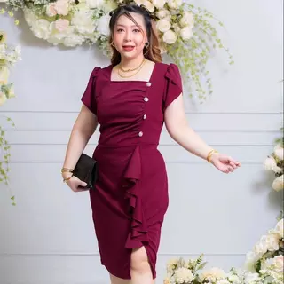 เดรสสาวอวบ รอบอก 36-48 นิ้ว รุ่นกระดุม 4 เม็ด แขนบัว รุ่นขายดี งานมีซิปหลัง พร้อมส่ง