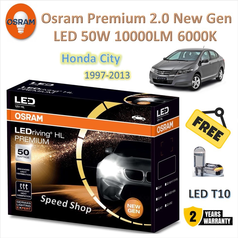 Osram หลอดไฟหน้า รถยนต์ Premium 2.0 New Gen LED 50W 10000lm 6000K Honda City 1997 - 2013 แถมฟรี LED T10 รับประกัน 2 ปี