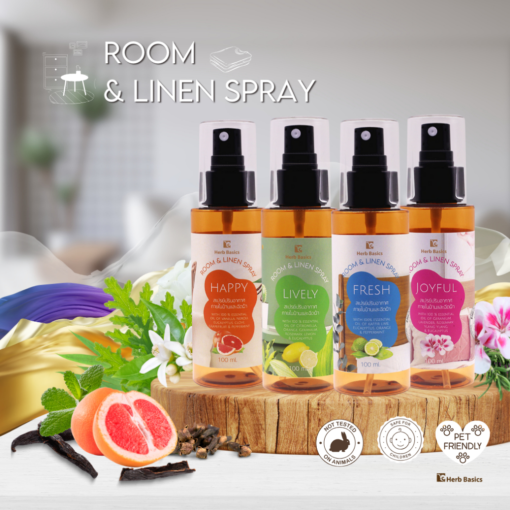 ROOM & LINEN SPRAY Herb Basics สเปรย์หอมปรับอากาศภายในบ้านและฉีดผ้า น้ำมันหอมระเหยบริสุทธิ์ปลอดภัย