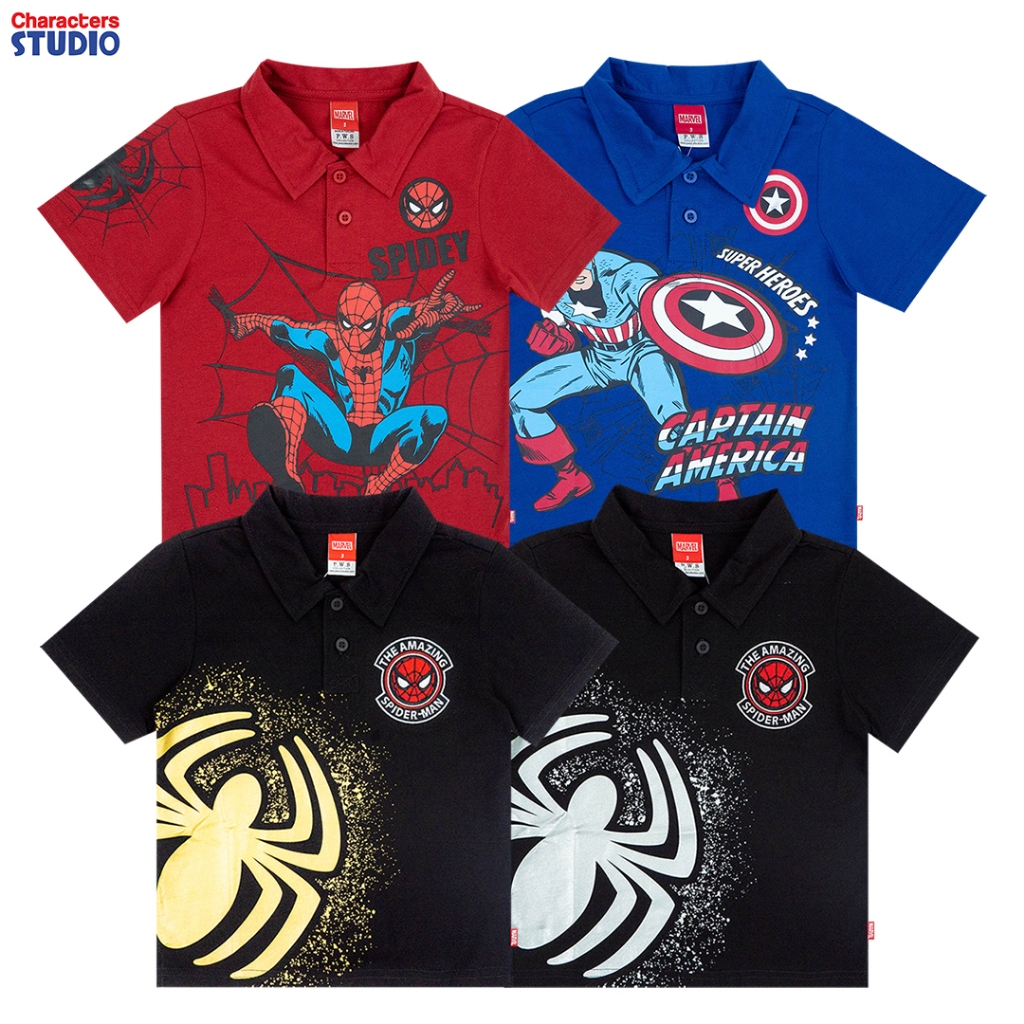 Marvel Boy Captain America&Spider-Man T-Shirt - เสื้อยืดคอปกเด็กผู้ชาย กัปตันอเมริกา สไปรเดอร์แมน สินค้าลิขสิทธิ์แท้100