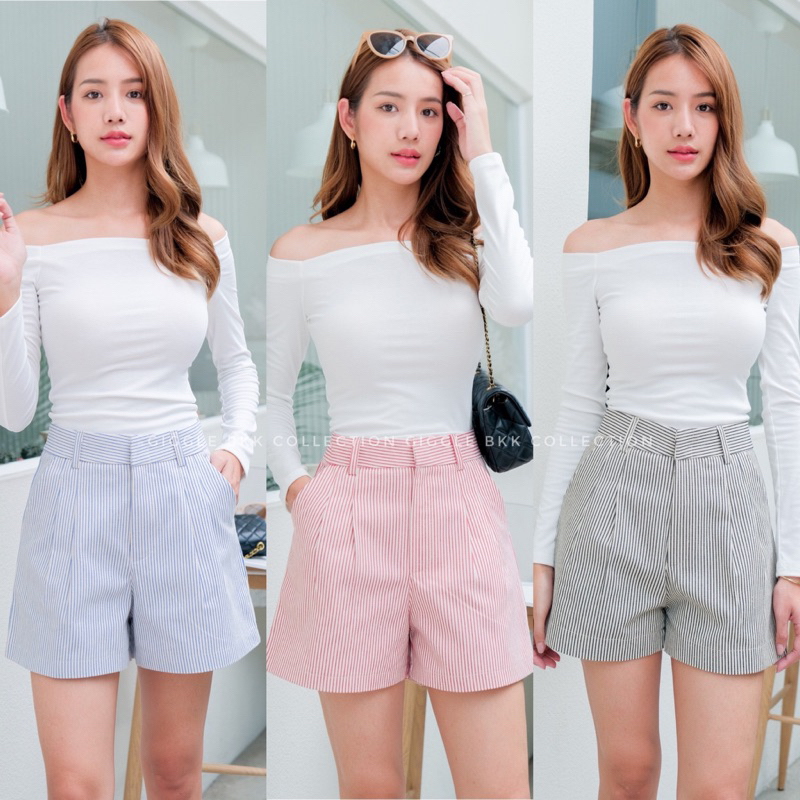 กางเกงยีนส์ขาสั้นเอวสูง​ ผ้าลายริ้ว Size S-XXL