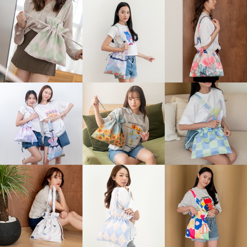 vibes.brandd - Midsummer Bucket bag - Medium size ☁️ กระเป๋าผ้า พิมพ์ลาย ถุงหูรูด