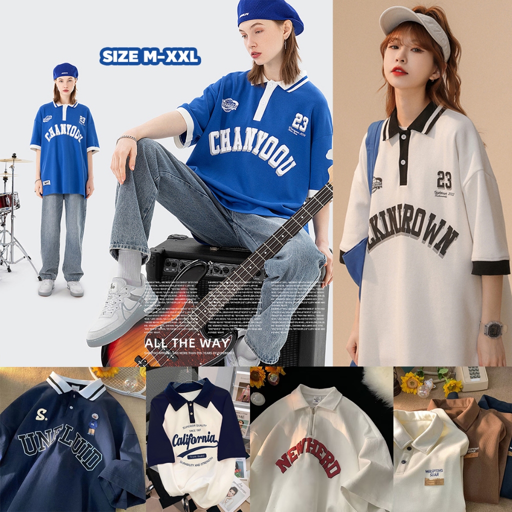 mimi&didi.เสื้อโปโลผู้หญิง แฟชั่น เสื้อยืดคอปก โอเวอร์ไซส์ แขนสั้น คอวีพิมพ์ลายจดหมายสำหรับยาวปานกลาง#2606