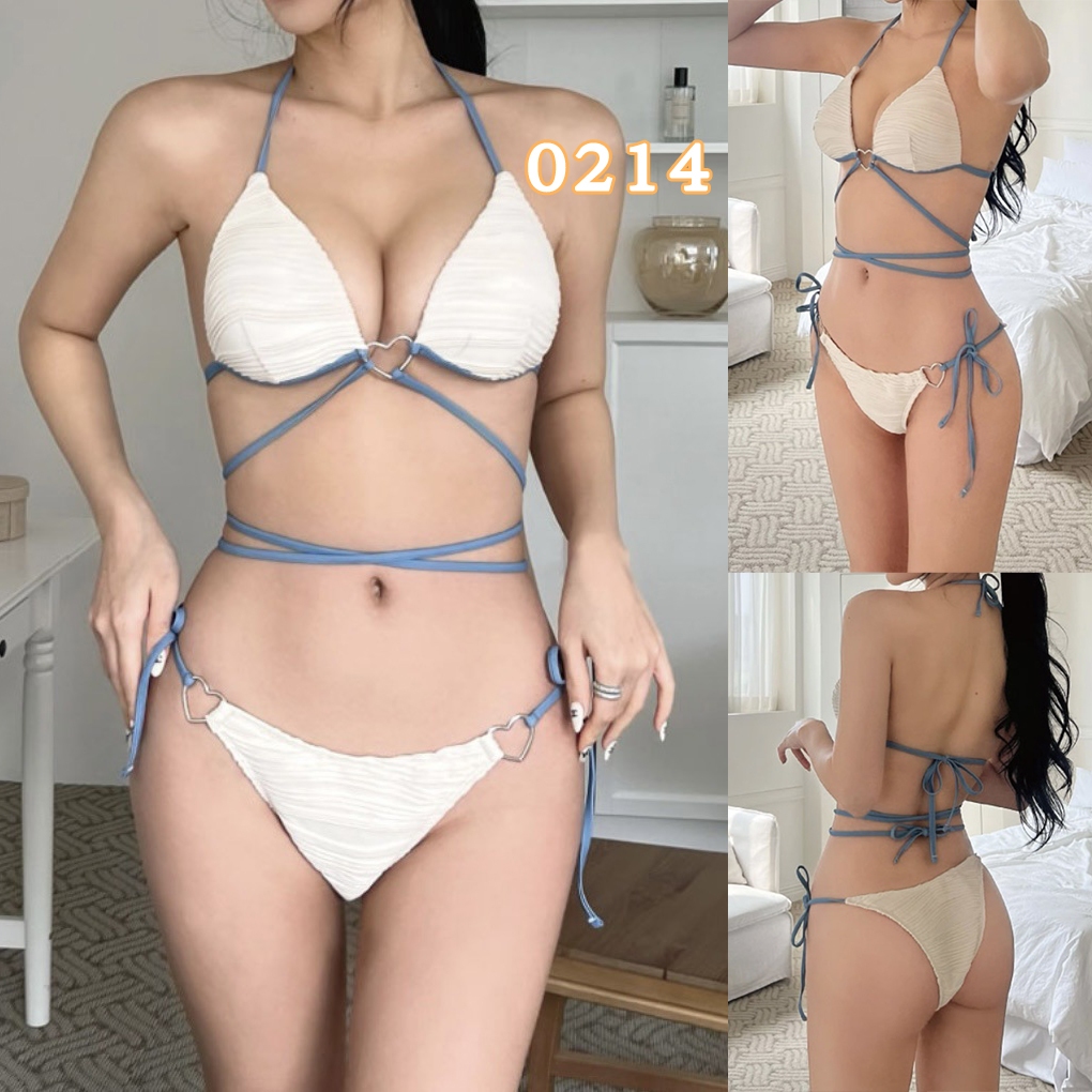 BikiniSexy 👙👙 บิกินี่ สไตล์เซ็กซี่ ชุดว่ายน้ำหญิง ผูกเชือก เชือกแขวนคอ ไม่มีสายหนัง การ ลายสก๊อต ส่งจากไทย （系带中式比基尼） - รูปที่ 7