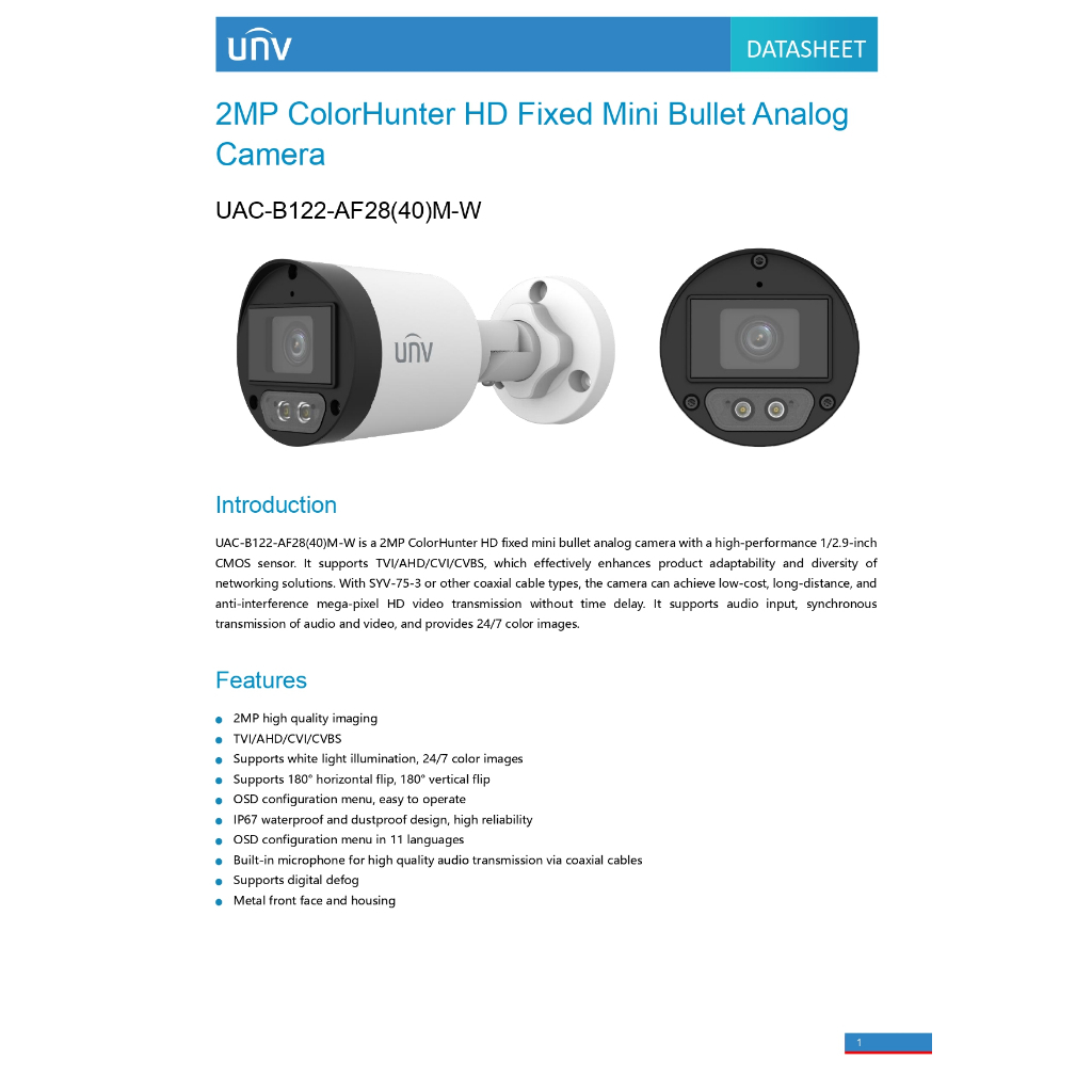Uniview กล้องวงจรปิด รุ่น UAC-B122-AF40M-W ความละเอียด 2MP กล้อง 4ระบบ มีไมค์ในตัว ภาพสี 24ชม. Analog CCTA เลนส์ (4mm) - รูปที่ 3