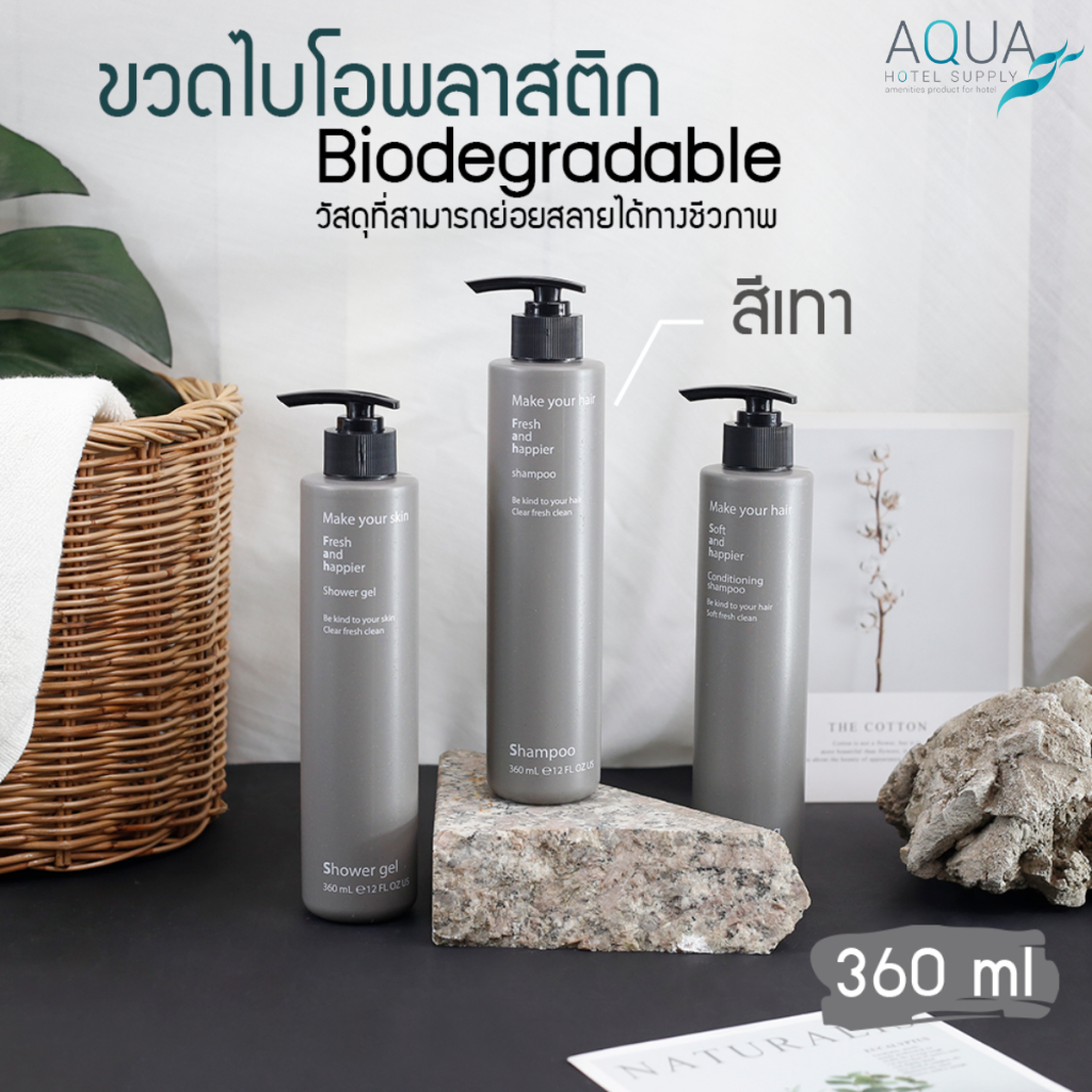 ขวดปั๊มไบโอพลาสติกรีไซเคิลรักษ์โลก สำหรับติดผนัง[ สีเทา] ขนาด 360ML.ขวดสกรีนข้อความ ตัวยึดขวด/กุญแจ ขวดเปล่าบรรจุของเหลว