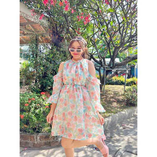 NITAAN (มี46/52)Rose’ DRESS สวยหวานปานเจ้าหญิง ชุดผ้าเยอะ ผ้าออแกนซ่าวิ้งๆลายดอกสีหวาน ชุดมีซับ เปิดไหล่เบาๆมีเชือกค่า