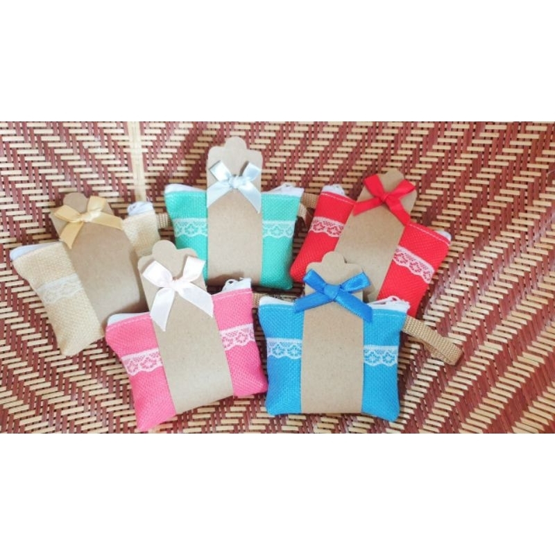 กระเป๋าใส่เหรียญเนื้อผ้ากระสอบ คาดกระดาษน้ำตาล ติดโบว์  🎉แถมสติ๊กเกอร์ ของชำร่วย - รูปที่ 6