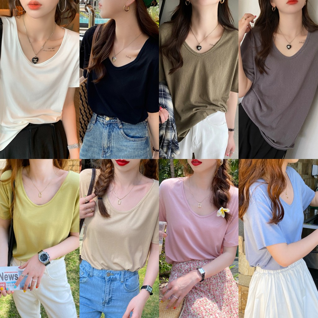 GHAOHES เสื้อยืดแขนสั้น คอวี ทรงหลวมแบบบาง สีทึบ คอต่ำ ครึ่งแขน ดูผอม ฝ้ายลินินผ้าไหมน้ำแข็ง (1008)
