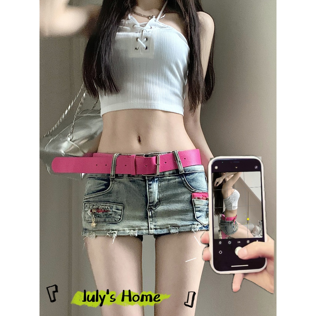 กางเกงยีนขาสั้น กางเกงกระโปรง เเถมเข็มขัดชมพู สไตล์อเมริกัน สาวฮอต เซ็กซี่ #J199