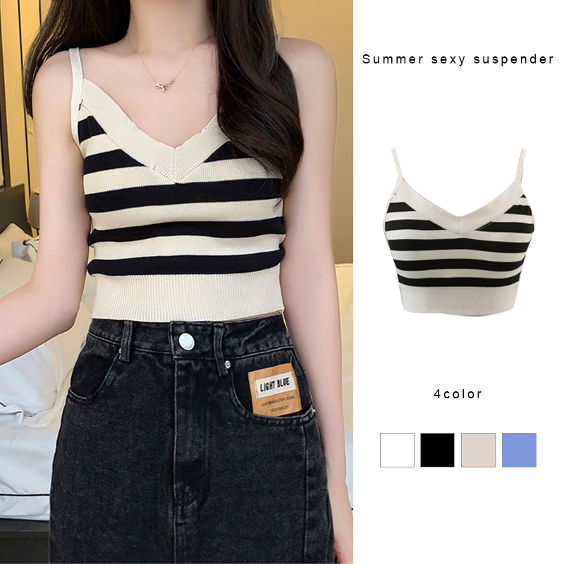 ฤดูร้อนเซ็กซี่ Suspenders ถัก V คอ Bottoming เสื้อสั้นเสื้อกั๊กลายผู้หญิง PR