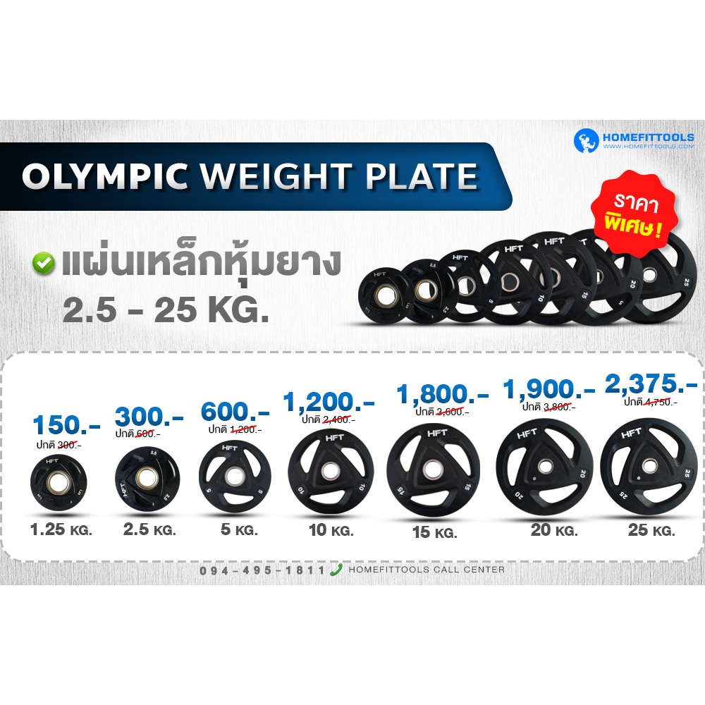 แผ่นน้ำหนักโอลิมปิค Olympic Plate 2 นิ้ว 2.5-10 kg. แผ่นยกน้ำหนัก บาร์เบล -Homefittools