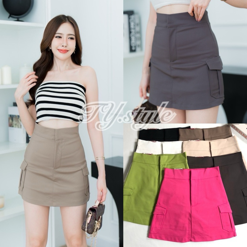 PT closets ♡ กระโปรงทรงคาร์โก้ กระเป๋า 2 ข้าง ซิปหน้าตะขอหน้า ซับกางเกงผ้าเดียวกับกระโปรง #TB046