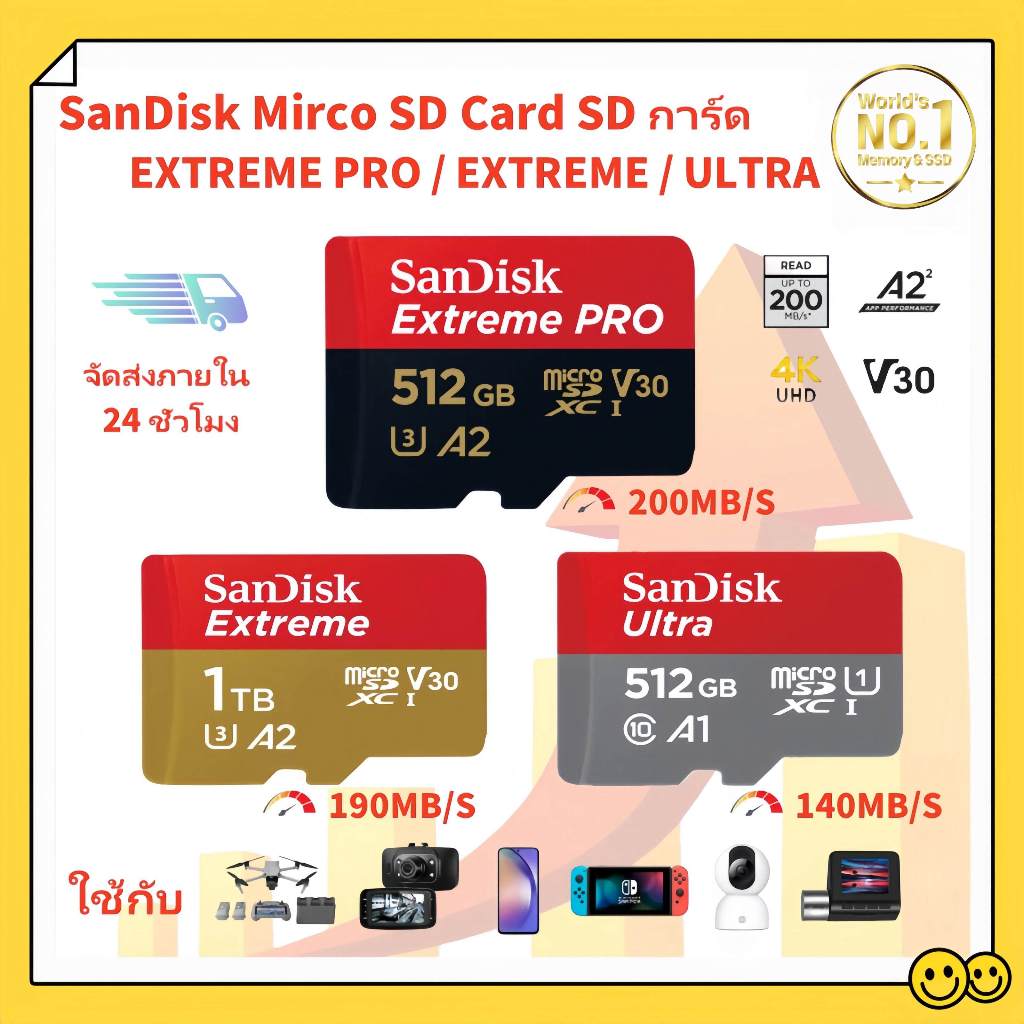 Sandisk EXTREME PRO SD Card 200MB/S A2 CLASS 10 Micro SD128GB 256GB 512GB เมมโมรี่ การ์ด Applied to โทรศัพท์ กล้อง GoPro
