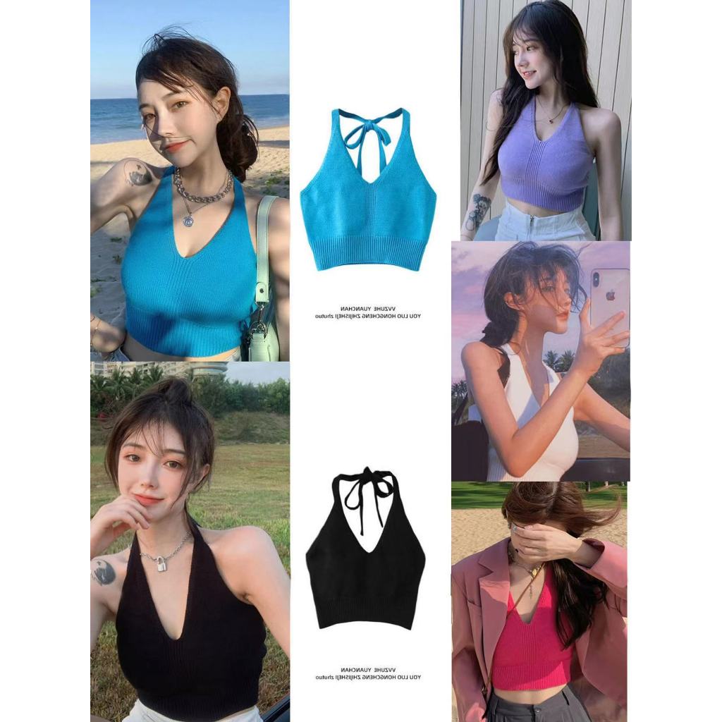 พร้อมส่งเสื้อผู้หญิงทรงครอปสายคล้องคอผูกเชือกดีไซน์เซ็กซี่8018*
