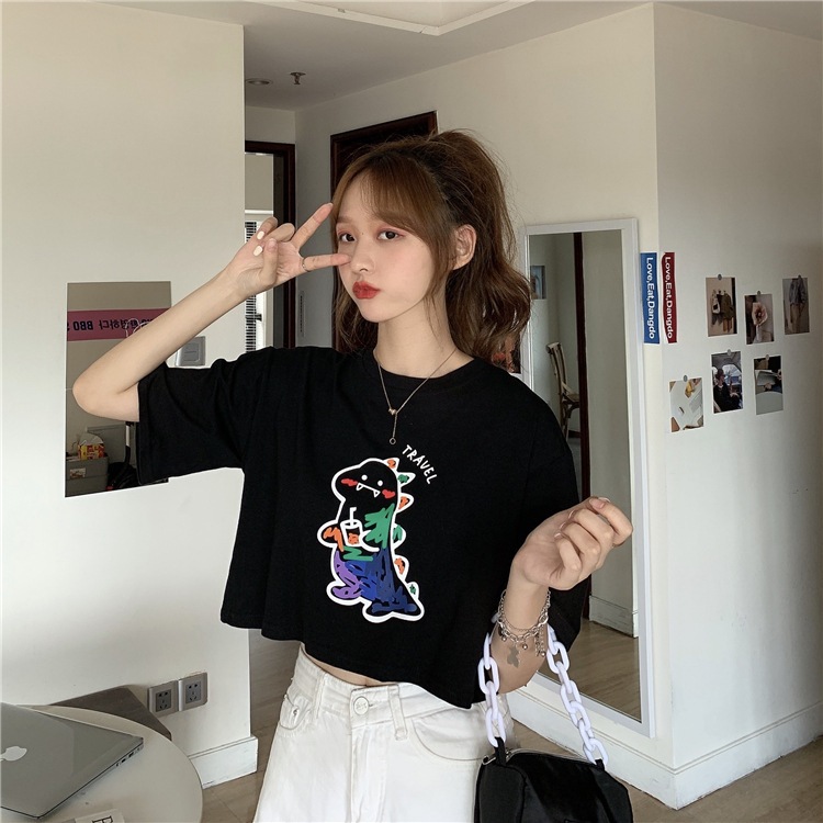 ผู้หญิงสั้นท็อปส์ซูเวอร์ชั่นเกาหลีสั้นเสื้อยืดพิมพ์การ์ตูน