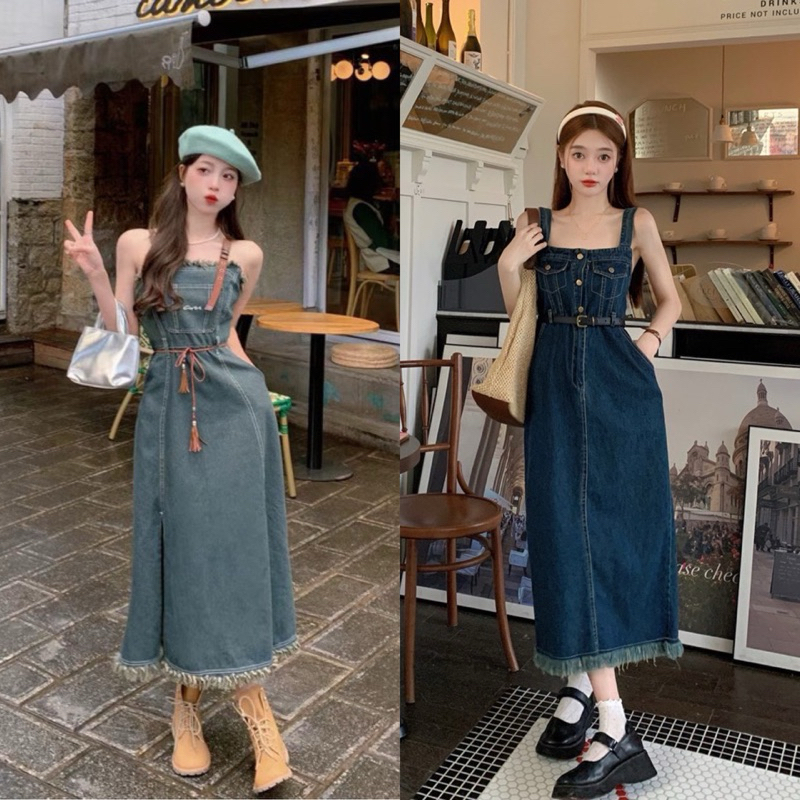 ชุดเอี๊ยมกระโปรงยีนส์ สายเอี๊ยมน้ำตาล ผ่าหน้า ชายลุ้ยๆ ‍  (S-4XL)